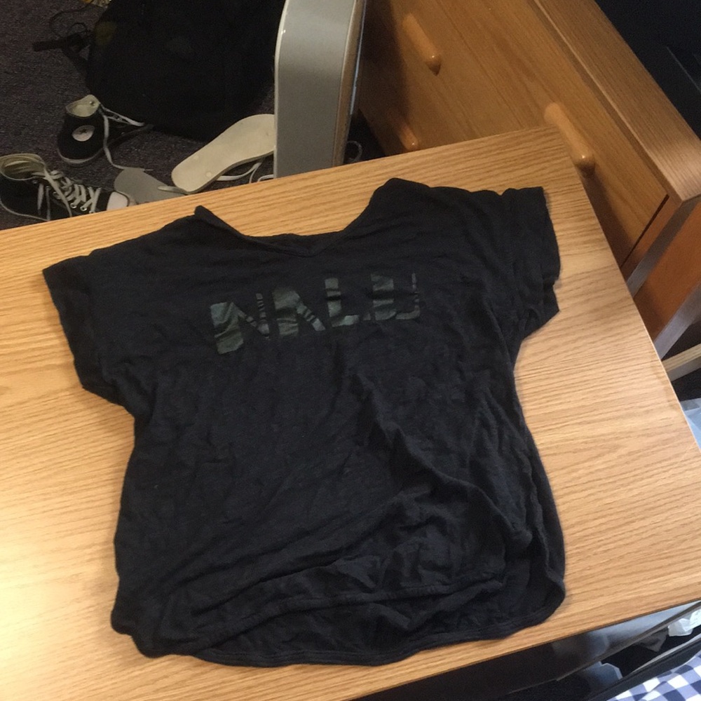 Black T-shirt: brand is “NALU”